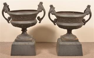 Appraisal: Pair of Antique Cast Iron Garden Urns With open foliate