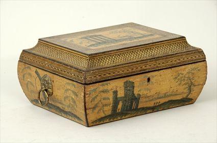 Appraisal: Regency Painted Sewing Box Decorated with Landscapes with Classical Ruins