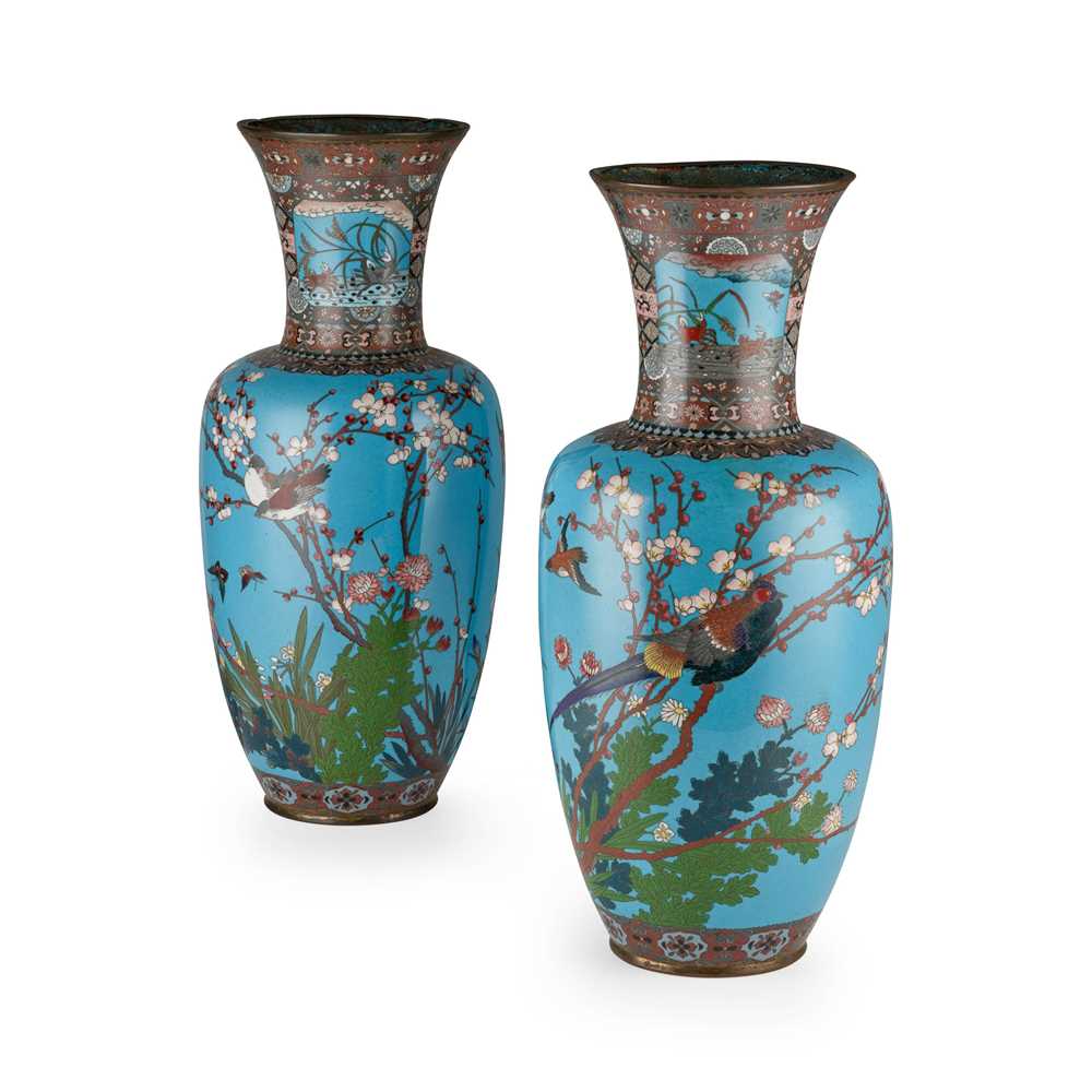 Appraisal: PAIR OF LARGE CLOISONN ENAMEL VASES MEIJI TAISHO PERIOD each