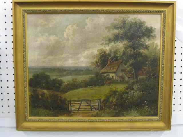 Appraisal: th Century Oil on Canvas of Farmhouse cow sheep in