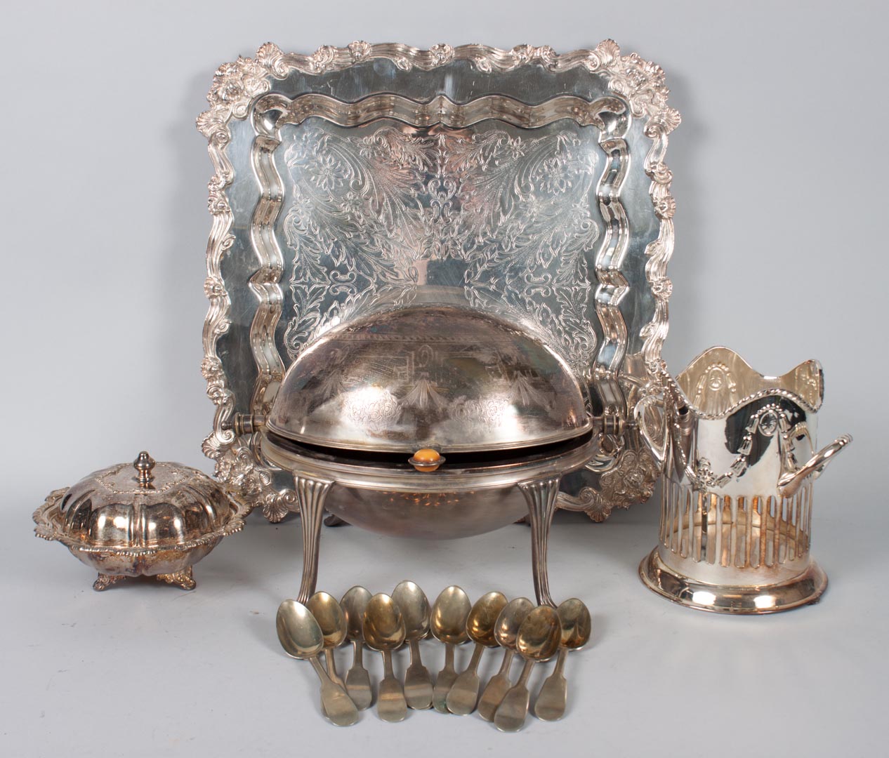 Appraisal: Large box of silver-plated table items some Sheffield including serving