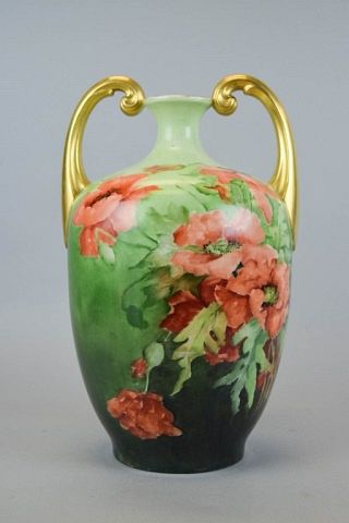 Appraisal: Jean Pouyat Limoges Porcelain Vase handled porcelain vase with hand