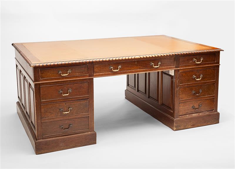 Appraisal: George III Style Pedestal Desk Late th Century With gilt-tooled