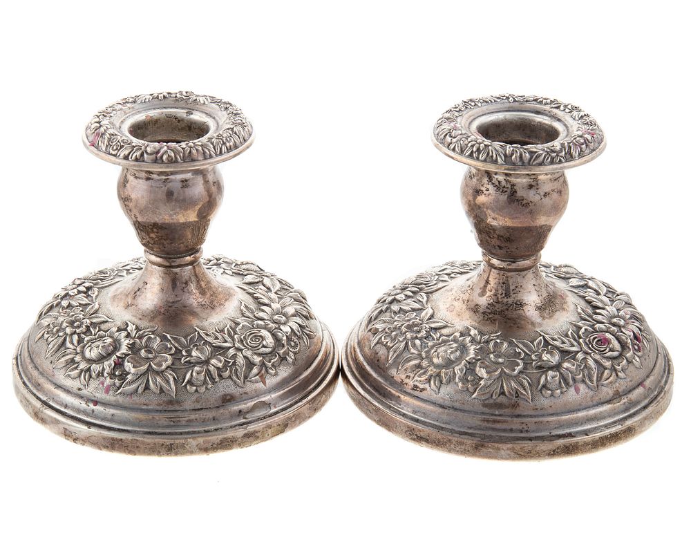 Appraisal: Pair S Kirk Son Sterling Candlesticks circular base with repousse