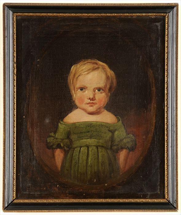 Appraisal: PORTRAIT OF A CHILD IN A GREEN GOWN Oil on