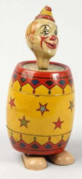 Appraisal: Tin Litho Chein Clown in Barrel Wind-Up Toy Description American