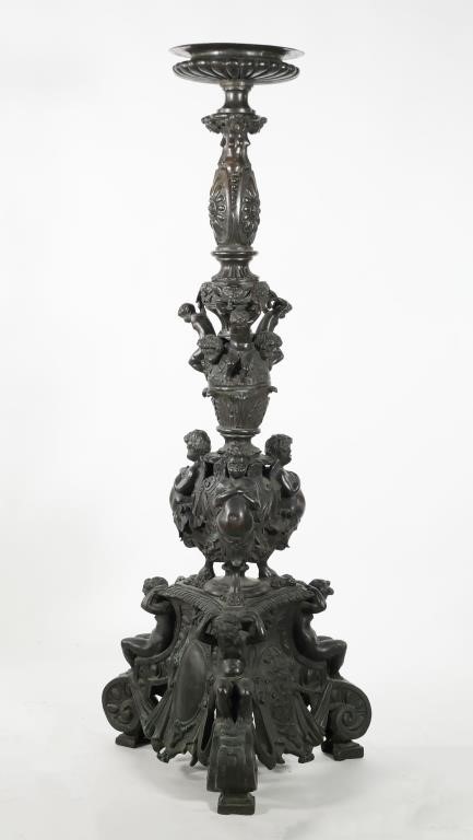 Appraisal: Large cast bronze torchiere pedestal or lamp details with putti