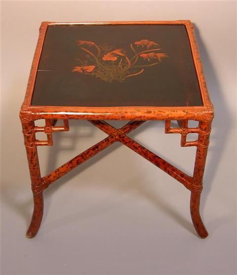 Appraisal: FAUX BAMBOO SIDE TABLE the square top with painted koi