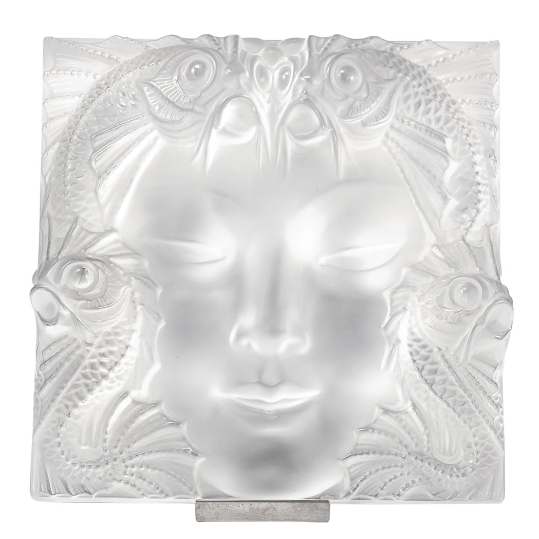 Appraisal: Lalique Molded Glass Masque de Femme Plaque Modern Of square