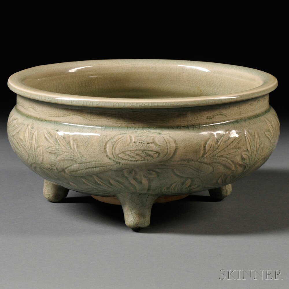 Appraisal: Large Celadon Tripod Censer China Sung-style circular molded with lotus