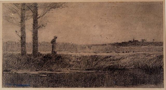 Appraisal: FOLLOWER OF PISSARRO - Landscape with girl on the banks