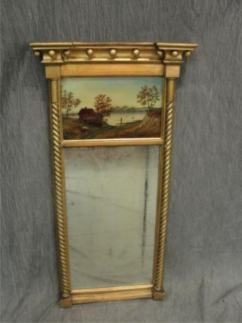 Appraisal: Sheraton Giltwood Mirror with Reverse Painted Crown From a Long