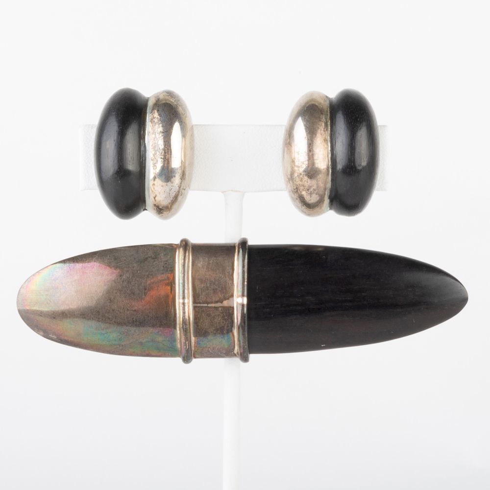 Appraisal: Contemporary Silver and Wood Brooch and Similar Pair of Earclips