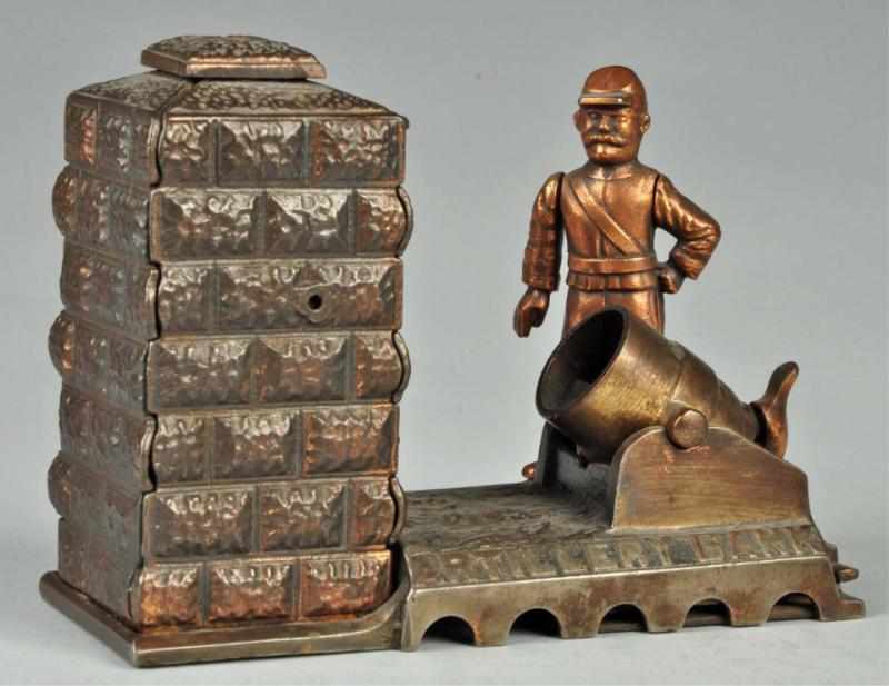 Appraisal: Cast Iron Artillery Mechanical Bank Description Bronze variation Working Manufactured