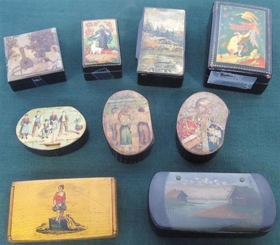 Appraisal: GROUP OF NINE ANTIQUE SNUFF BOXES Continental lacquered and decorated