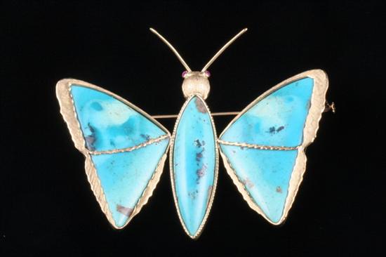 Appraisal: CUSTOM-MADE K YELLOW GOLD AND TURQUOISE BUTTERFLY PIN Body and