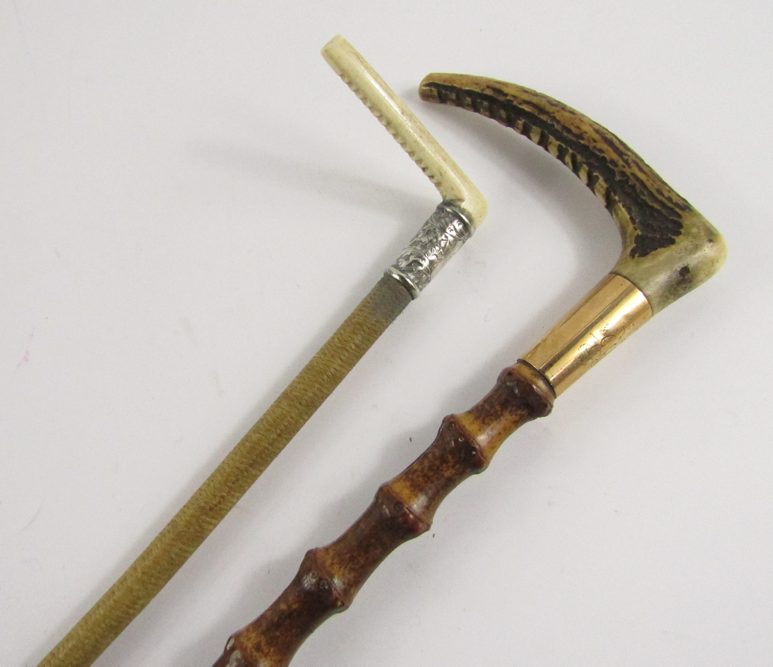 Appraisal: A Victorian bamboo riding crop with an antler handle and