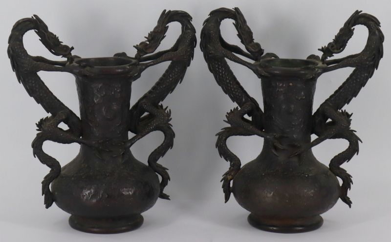 Appraisal: PAIR OF SIGNED JAPANESE MEIJI BRONZE VASES WITH Dragons Signed