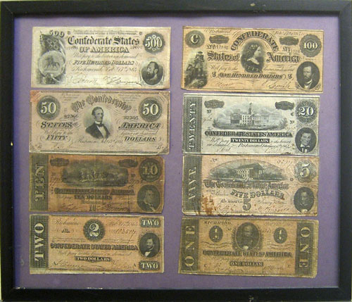 Appraisal: Eight framed Confederate Richmond notes