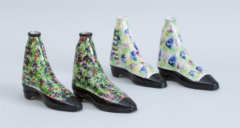 Appraisal: TWO PAIRS OF VICTORIAN SPONGED PEARLWARE LACE-UP BOOT-FORM VASES Possibly