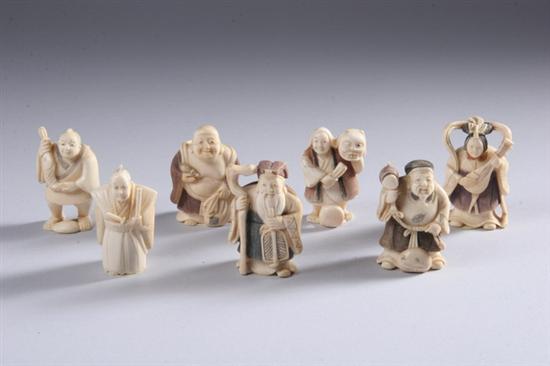 Appraisal: SEVEN JAPANESE IVORY NETSUKE th century Carved to depict a