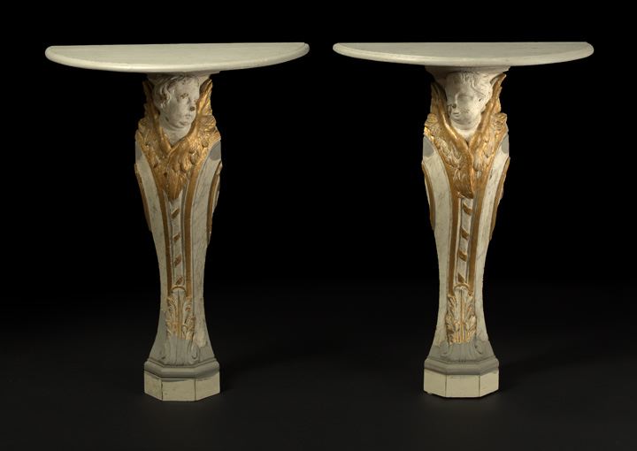 Appraisal: Pair of Continental Polychromed Console Tables partially composed of antique