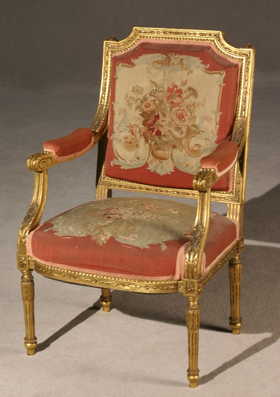 Appraisal: Louis XVI Style Giltwood Aubusson Tapestry Upholstered Fauteuil en Cabriolet