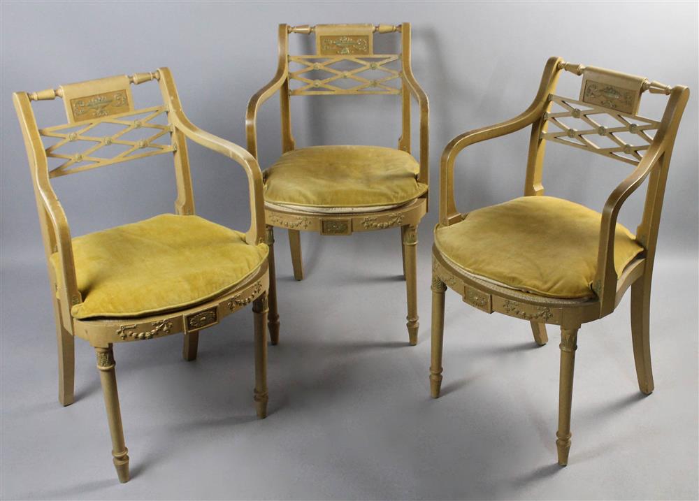 Appraisal: SET OF THREE CLASSICAL STYLE YELLOW PAINTED CHAIRS having a