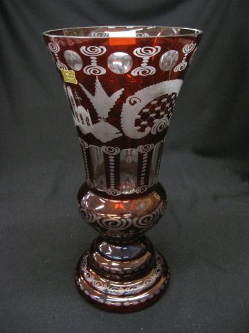 Appraisal: Bohemain Ruby Cut-to-Clear Glass Vase castle and deer decor by