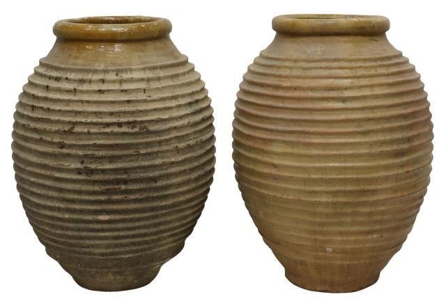 Appraisal: pair Large Greek terracotta olive jars rolled rim accented with