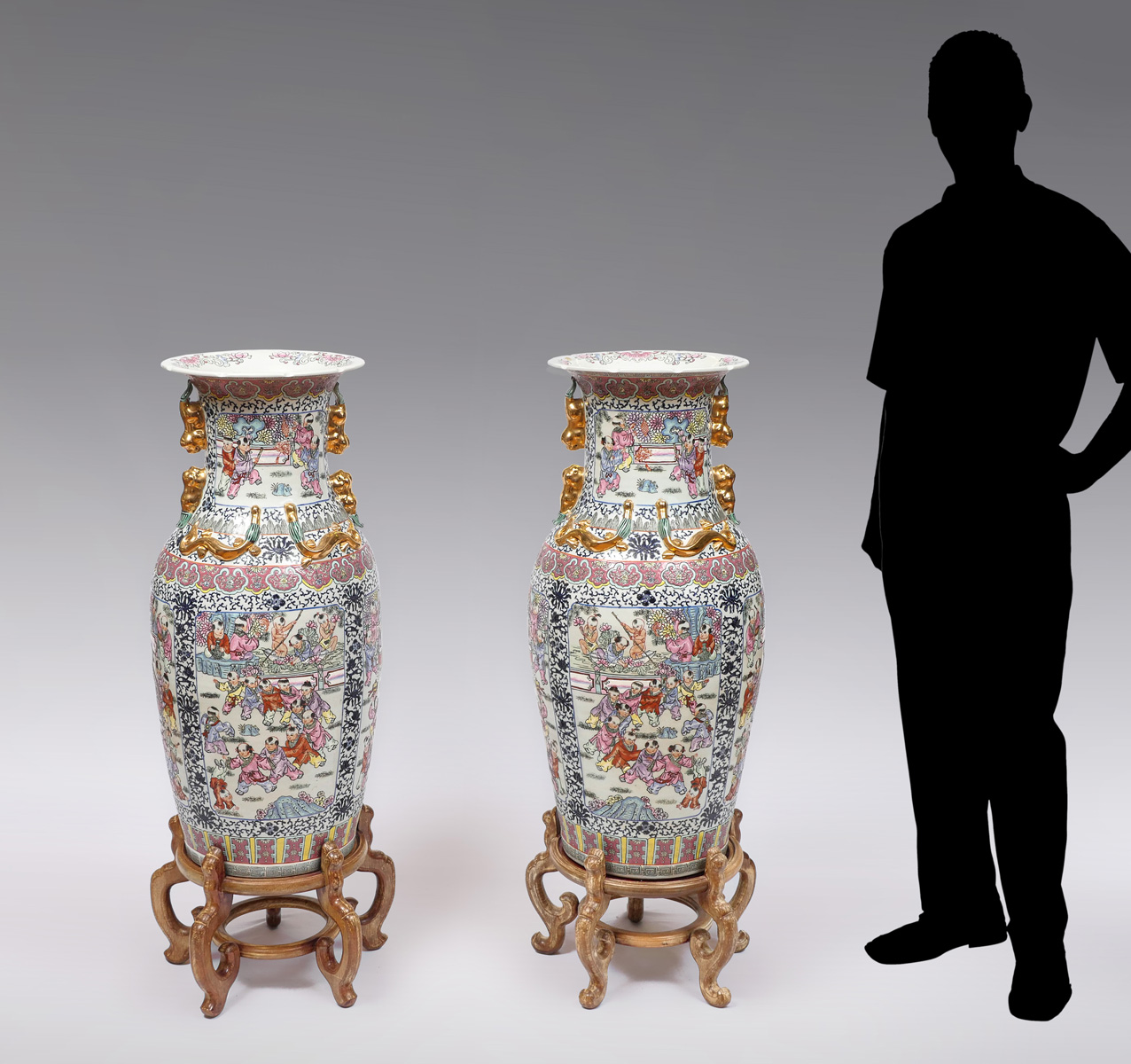 Appraisal: PAIR OF FAMILLE ROSE PALACE VASES opposing Chinese palace vases