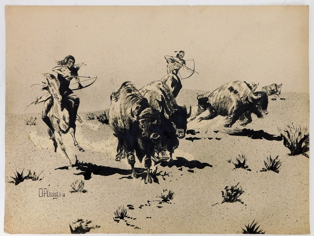 Appraisal: OTTO PLAUG WESTERN BUFFALO HUNTING INK DRAWING New York Germany