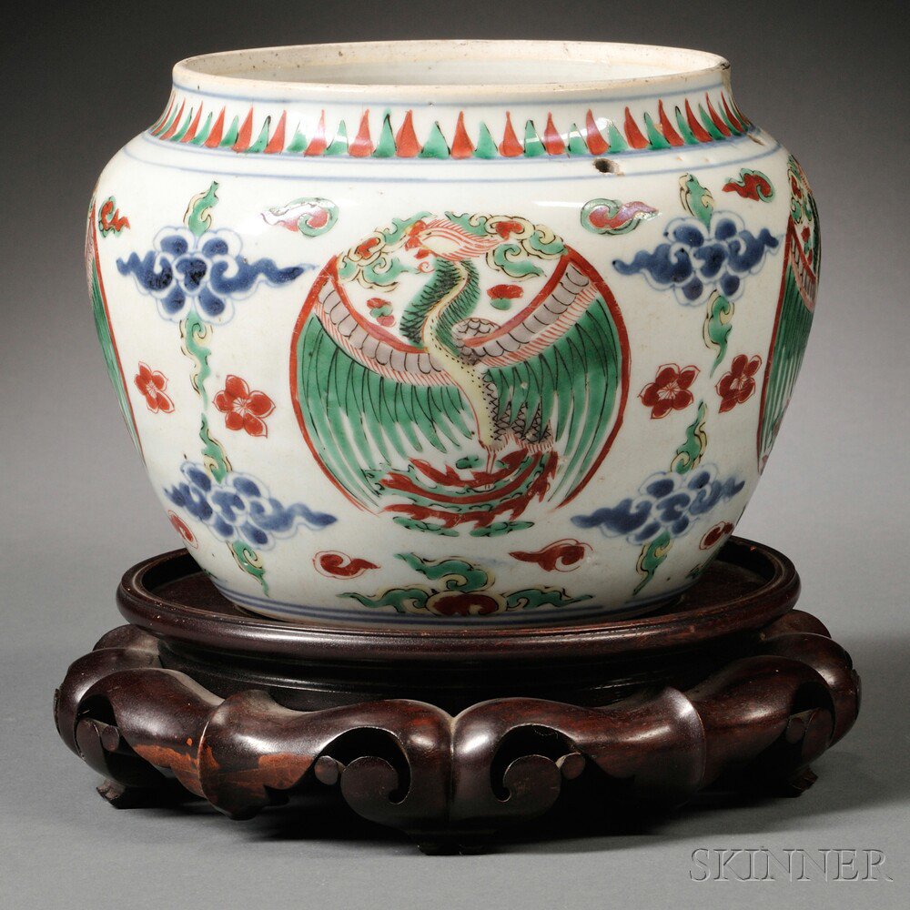 Appraisal: Wucai Jardiniere China decorated with phoenix-roundels alternating with stylized clouds