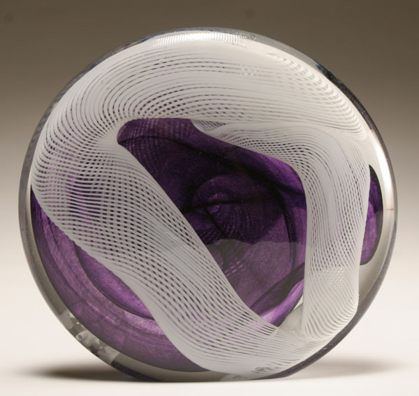 Appraisal: Brian Higer purple glass circular sculpture Internal white zanfirico canes