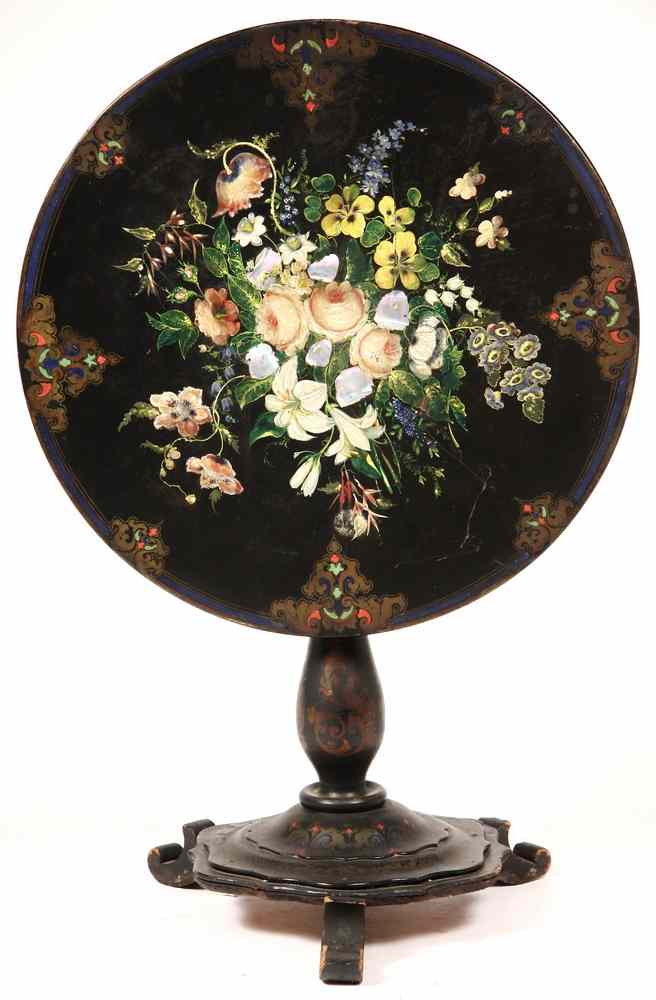 Appraisal: VICTORIAN HANDPAINTED TEA TABLE - Lacquered Papier Mache Round Tilt-Top