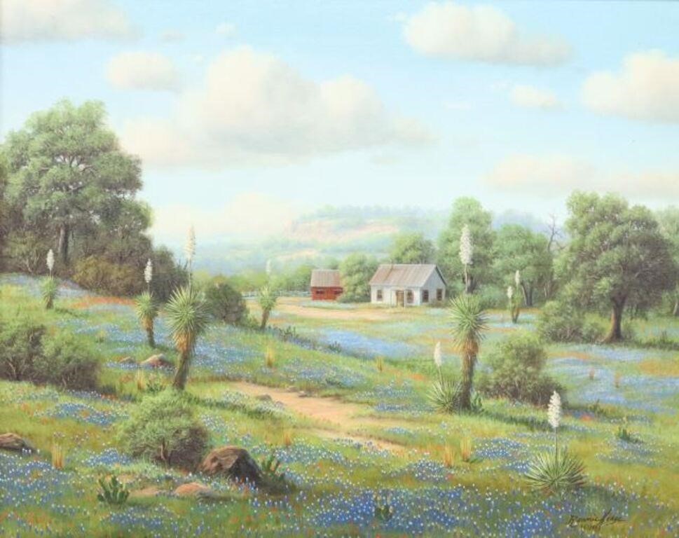 Appraisal: Framed oil on canvas painting Blue Haven Farmhouse with Bluebonnets