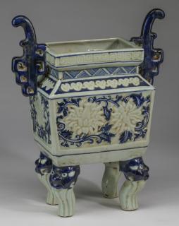 Appraisal: Chinese archaistic style fang ding censer h Chinese porcelain archaistic