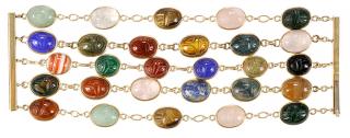 Appraisal: kt Wide Scarab Bracelet five rows of assorted scarab carved