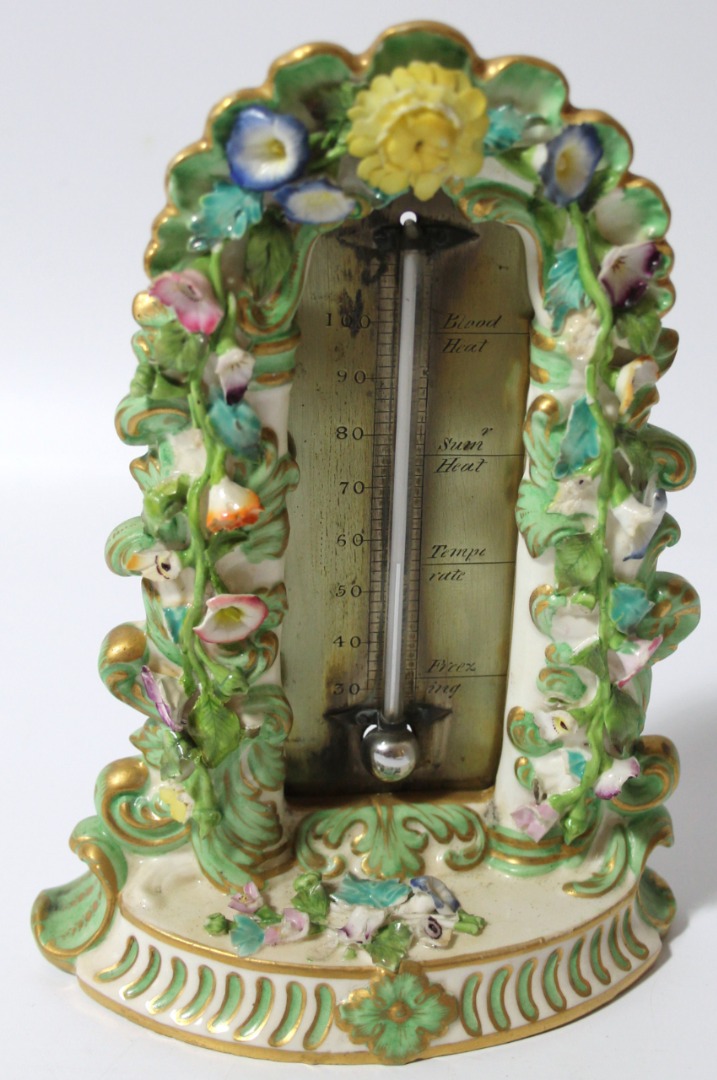 Appraisal: An early thC Minton Pottery desk thermometer the central brass