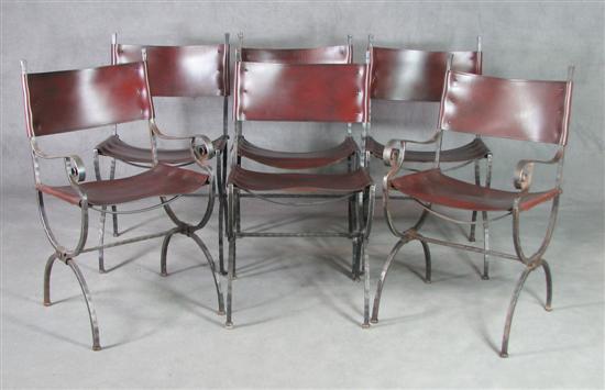 Appraisal: Set of Forged Iron Leather Chairs Curule bases Hand hammered