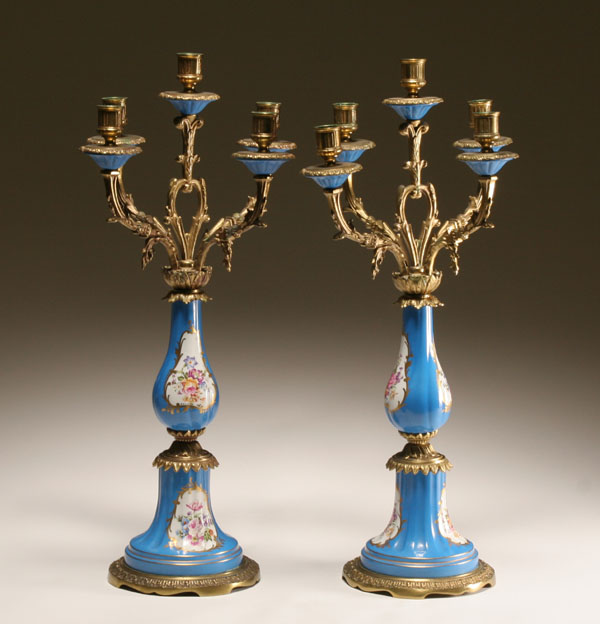 Appraisal: Pair Sevres French ormolu and porcelain hand painted candlesticks five