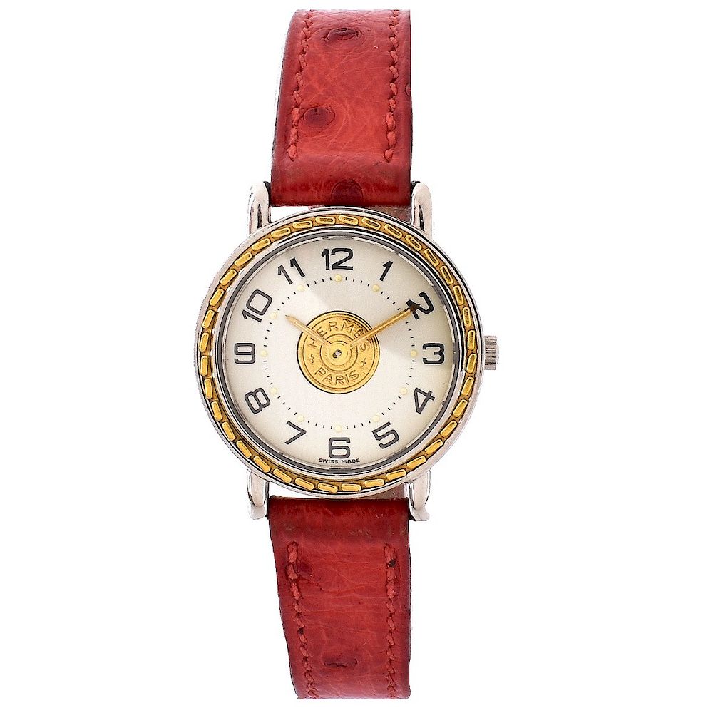 Appraisal: Hemes Round Watch Hermes Round Ostrich Leather Two Tone Lady's