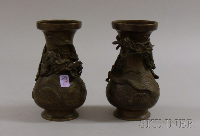 Appraisal: Pair of Chinese Dragon-mounted Bronze Vases ht in