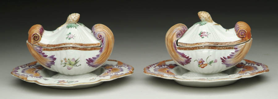 Appraisal: PAIR OF CHINESE EXPORT FAMILLE-ROSE SAUCE TUREENS COVERS AND STANDS