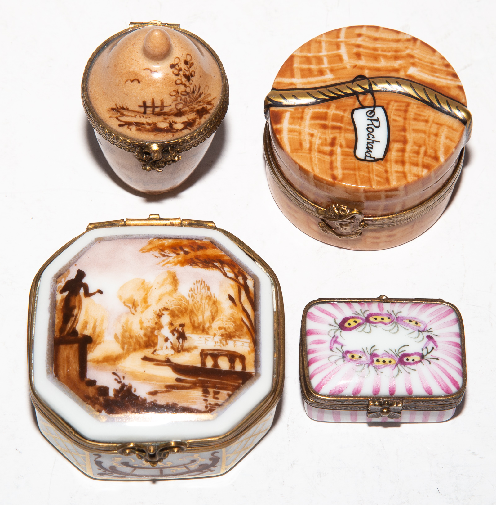 Appraisal: FOUR LIMOGES PORCELAIN SNUFF BOXES th century in various th