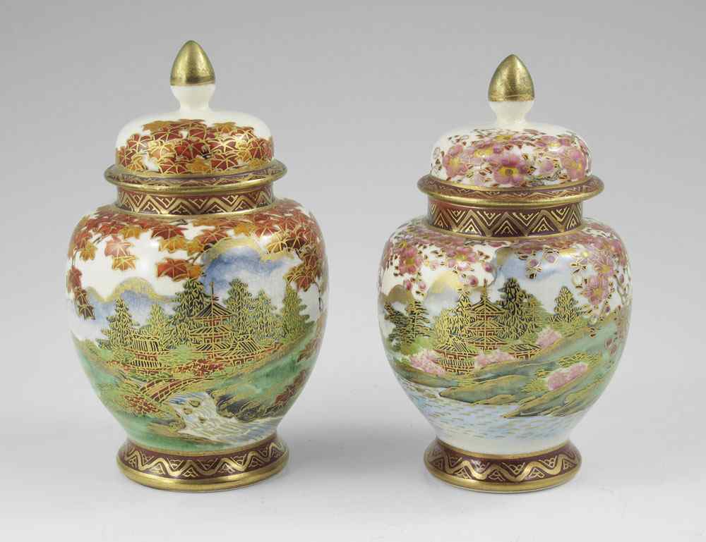 Appraisal: TWO SIGNED JAPANESE SATSUMA COVERED JARS One representing autumn the