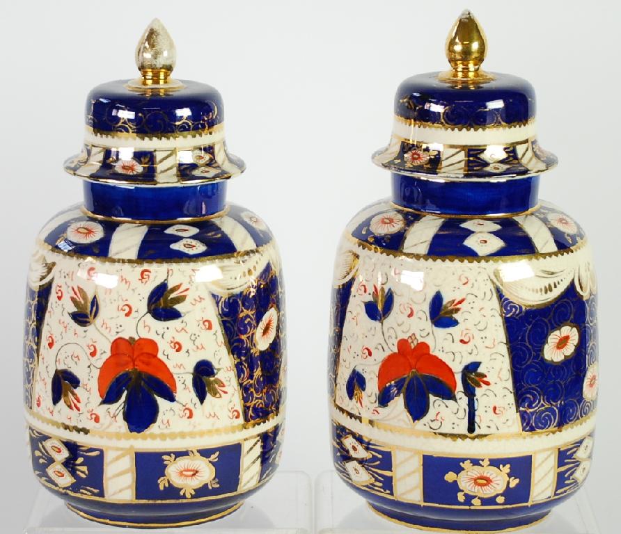 Appraisal: PAIR OF VICTORIAN 'COTTAGE DERBY' IMARI POTTERY JARS AND COVERS