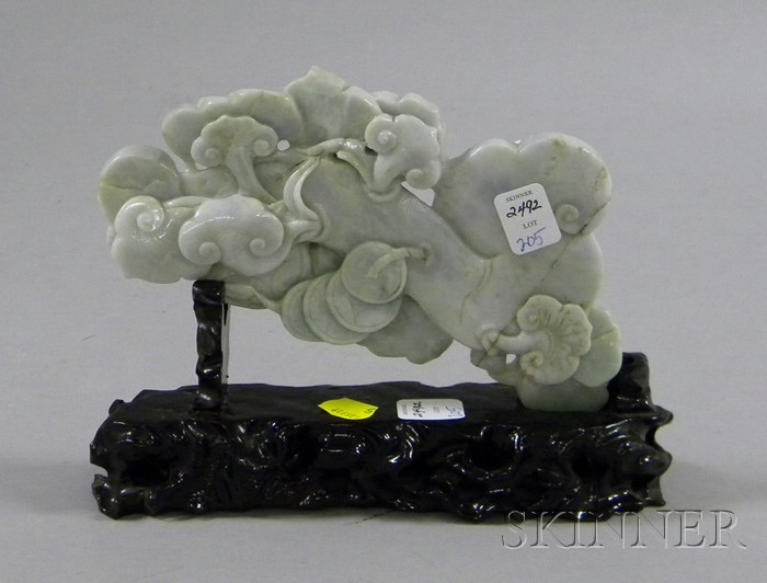 Appraisal: Lavender Jade Carving and Stand depicting flowers and mythical beasts