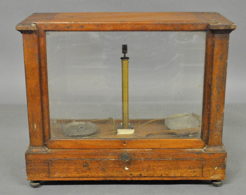 Appraisal: - Mahogany and glass cased mineral scale As found h