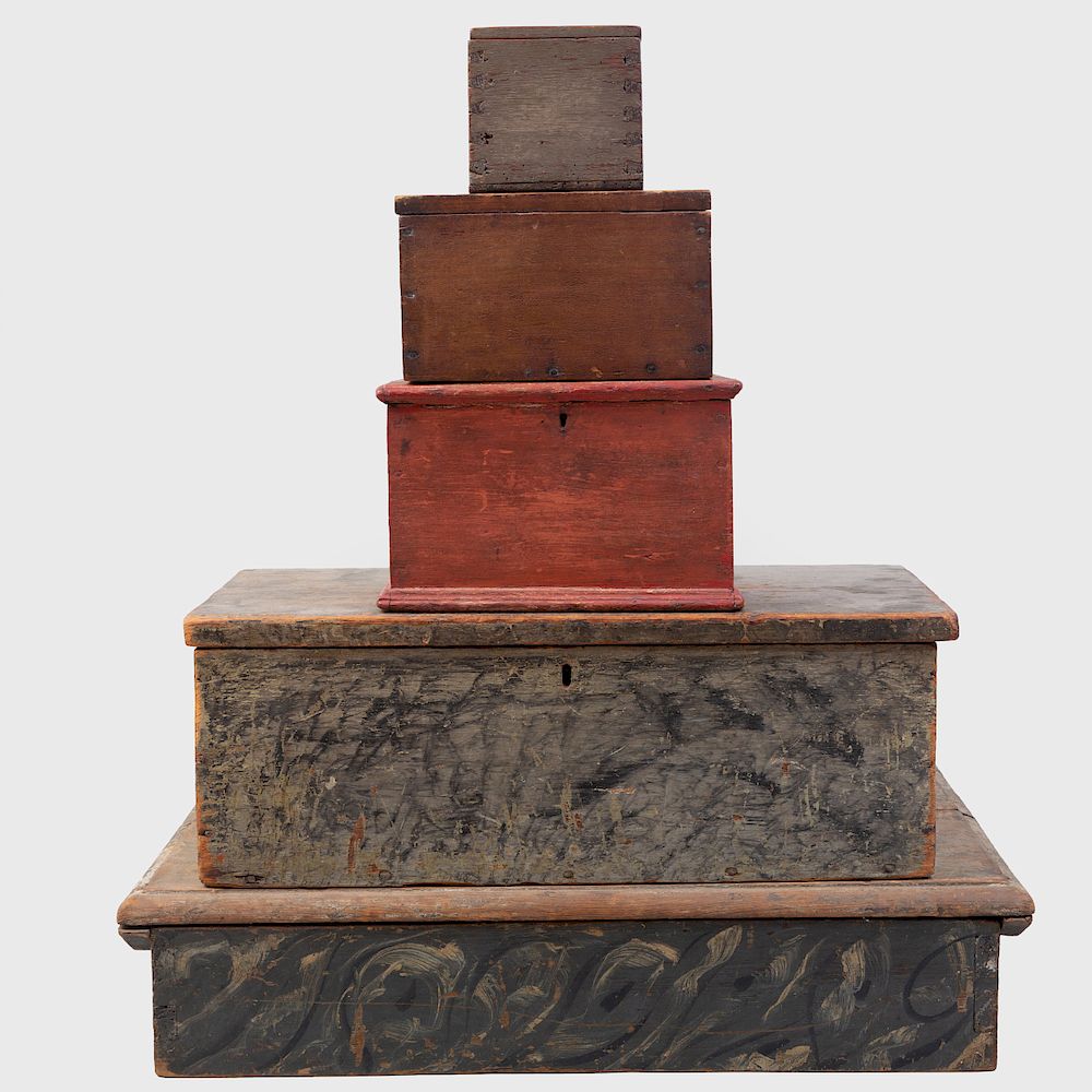 Appraisal: Group of Five Painted Wood Boxes Comprising Two large faux